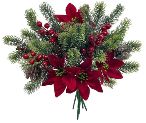 PDirat 4 Stück Künstliche Tannenzweige Mit Roten Beeren und Künstlicher Weihnachtsstern, 35cm Tannenzweige Künstlich Wie Echt für Weihnachtsdekoration, DIY Gestecke und Tischdekoration