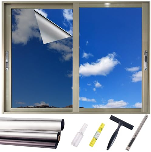 Blackout One Way Privacy Window Film, Mirror Reflective UV Heat Block Tint,Heat Control Sun Blocker,UV Protection Anti Glare, No Glue Clear Daytime Privacy for Home,Free Tools，60 * 900cm