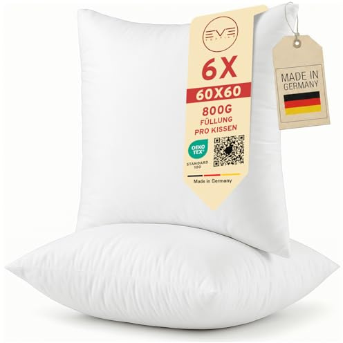 EVE Textile® Kissen Kopfkissen Öko-Tex 100 Füllkissen Innenkissen Dekokissen Sofakissen Kisseninlett, Allergiker Bettkissen, Schlafkissen Atmungsaktiv 60° Waschbar (d) 6er Set, 60 x 60 cm