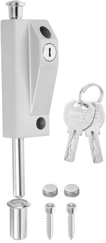 sourcing map Spring Loaded Latch Pin, Sliding Barrel Bolt Door Lock Heavy Duty Vertical Latch Door Lock Cane Bolts with Keys for Glass Gate Window Garage Barn [1Pcs, Silver]