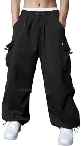 FEDTOSING Men's Cargo y2k Trousers Baggy Sweatpants for Men Loose Fit Casual Parachute Pants with Pocket Hip Hop Trousers Black