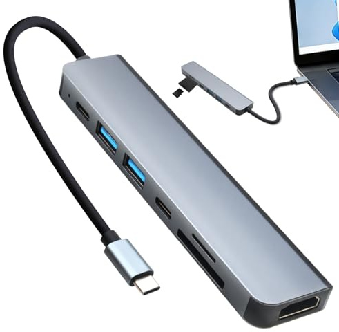 Hub USB C, Adaptador Multipuerto 7 en 1, HDMI 4K@30Hz, Puerto RJ45 Gigabit, Puertos USB 3.0 y 2.0, PD 100W, Lector TF/SD, Carcasa de Aluminio, Compatible con iPad Pro, MacBook Pro, iOS, Android, PC