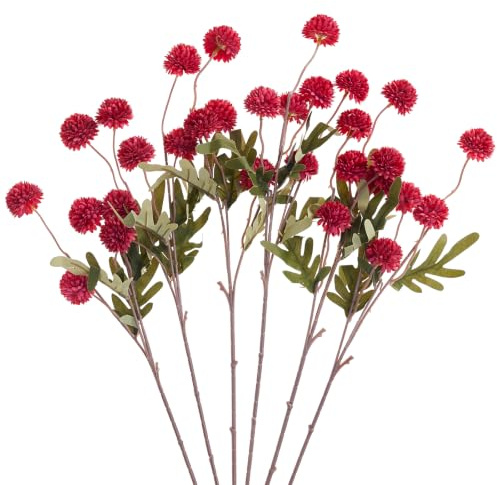 XIANNVXI 52cm Rote Kunstblumen wie Echt Chrysanthemen Mini Künstliche Blumen Rot Pompom Kugelblumenstiele Fake Blumen Herbst Deko für Blumenarrangements, Hochzeit, Zuhause, Hohe Vase Blumen 6 Stück