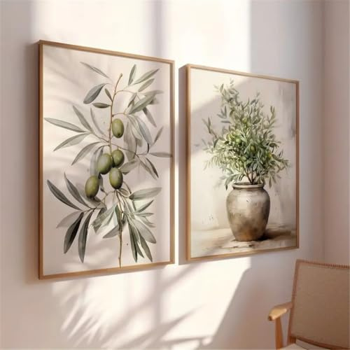 2er Poster Set Olivenzweig Wandbilder, Sanfte Aquarellkunst Leinwand Bilder mit Olivenzweigen und Terrakottavase in Beige Grün, Rustikale Landhaus Boho Küchen Wanddekoration ohne Rahmen (50X70 cm)