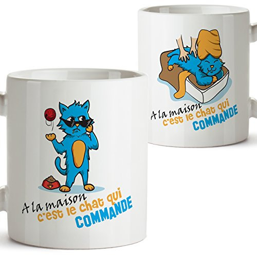 Mug - A la Maison C'est Le Chat Qui Commande - Tasse pour Le Petit-déjeuner Originale et Amusante avec Un Message Rigolo. Cadeau pour amies ou à Offrir a la Famille.350 ML Céramique