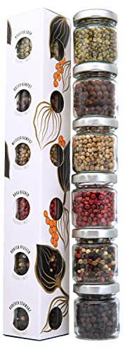 FOODOKO FINEST - Pfeffer Gewürze Geschenke Set | 6 aufregende Pfeffersorten im Probierset | Ganze Pfefferkörner geeignet für die Pfeffermühle (75g)