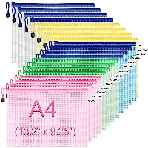 20PCS A4 Zipper Tasche, MerryNine Dokumententasche, Netzstoff, mit Reißverschluss, DIN A4, 5 Farben