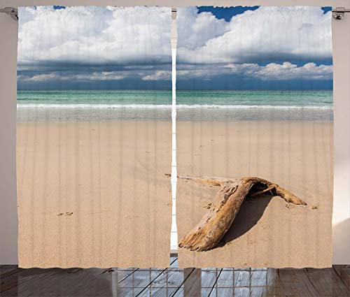 ABAKUHAUS Digital Rustikaler Vorhang, Treibholz am Strand, Wohnzimmer Universalband Gardinen mit Schlaufen und Haken, 280 x 175 cm, Sandbraun und Blau