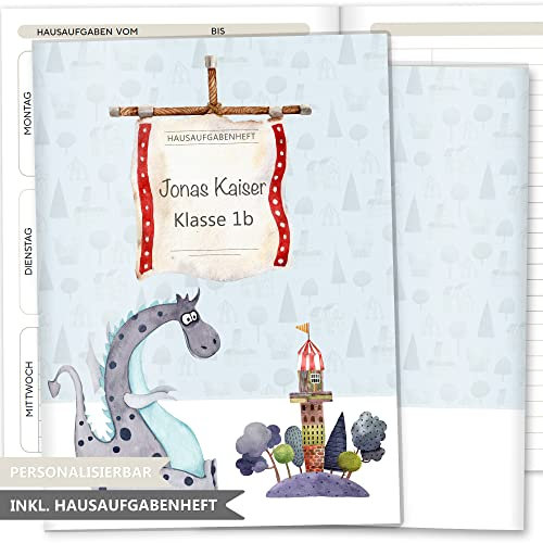 OLGS Hausaufgabenheft Hülle Ritter & Drachen inkl. Heft Schulheft Schutzhülle Umschlag Geschenkidee Einschulung personalisierbar mit Namen und die Schulklasse (personalisiert, Drache Neo)