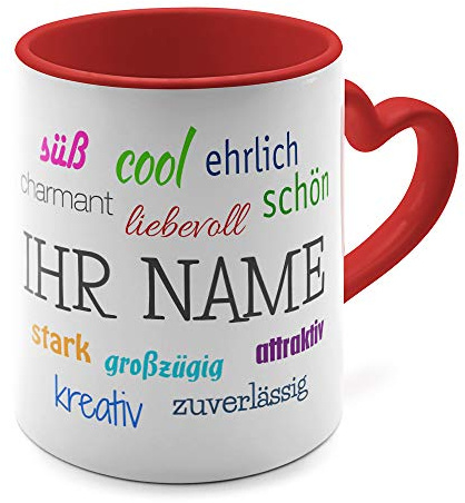 printplanet® - Herz-Tasse mit Namen oder Wunschtext Bedrucken - Namenstasse mit Herz-Henkel Personalisieren - Farbe: Rot - Motiv Positive Eigenschaften
