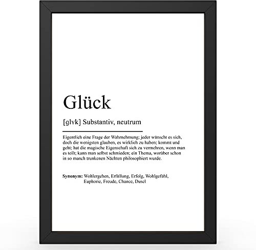 Urhome DIN A4 Kunstdruck Definition Glück - Worterklärung wie im Duden Lexikon als Wanddeko Spruch-Poster Deko Wandbild mit Spruch gerahmt für Wohnung Familie Geschenk