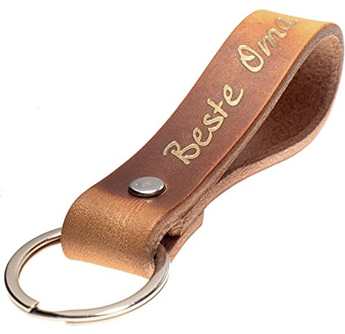 ELBERCRAFT® Schlüsselanhänger Leder Beste Oma Geschenk für Frauen oder Männer pflanzlich gegerbt braun mit gravur gold 12 cm made in Germany Leather Keychain