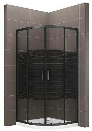 Duschkabine ELLA 90x90 cm Höhe: 190 cm mit Schiebetüren Eckduschkabine Viertelkreis aus gestreiftem ESG Glas mit schwarzen Aluminium Profile - DK69