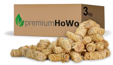 premiumHoWo (3 kg / 240 piezas) Encendedor ecológico para chimeneas y barbacoas - Madera natural y cera vegetal - Lana de leña, Pastillas de encendido - Ideal para Chimenea, Estufa, Fuego, Fogatas