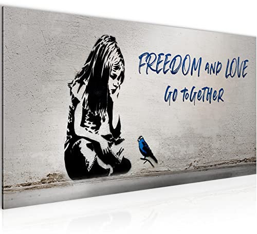 Runa Art Wandbild Mädchen mit Vogel 1 Teilig 100 x 40 cm Modern Bild auf Vlies Leinwand Street Art Loft Wohnzimmer Grau Blau 040612c
