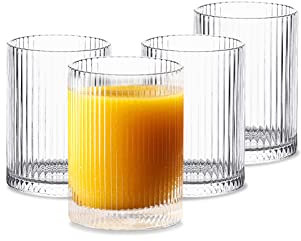 INSETLAN 280ml Ribbed Drinking Glasses Set of 4,Vintage Ribbed Cup Glassware,Origami Style Transparent Cocktail Glasses Set, Bar Beverages Iced Coffee Cup Juice Ripple