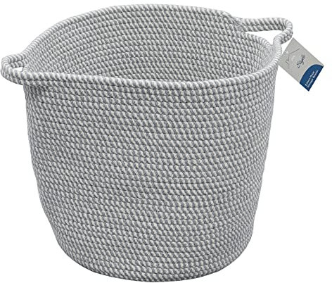 JVL Edison Round Cotton Rope Storage Basket with Handles, Grey
