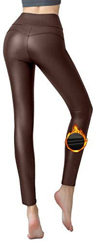 Powder Queen Damen Kunstleder Leggings Lederhose High Waist Hose Strumpfhosen Treggins Kunstleder Winter, S, Dunkel Braun