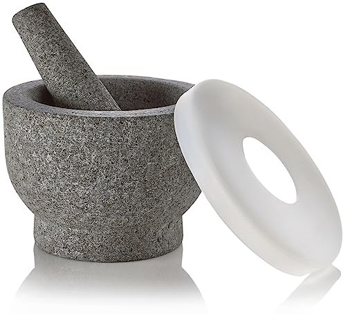 Mortero y mortero de granito de 6 pulgadas, molcajete de granito sin pulir con capacidad para 2 tazas con tapa de silicona, molinillo y triturador para mezclar, mezclar, moler, servir,