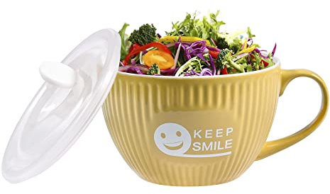 fMSDD Keep Smile Large Soup Mug with Lid, Funny Icon Ramen Bowl, Ceramic Bowls with Handle and Lid, 800 ml, Apricot Yellow