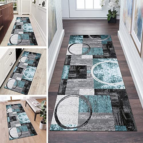 QQrunner Teppich Läufer Flur Blau Grau rutschfest Meterware 60x400cm Waschbar Küchenteppich Modern Schlafzimmer Korridor Teppichläufer Lang, Anpassbare Größe, 60-120cm Breit