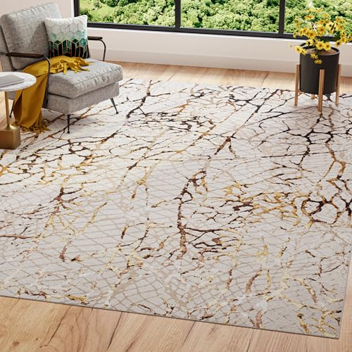 TAPISO Golden Teppich Wohnzimmer Kurzflor Schlafzimmer Luxuriös Creme Gold Braun Schlangenleder Meliert Verwischt Modern Design ÖKOTEX 200 x 300 cm