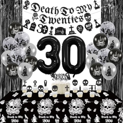 30. Geburtstag Dekorationen - Death To My 20s Dekorationen einschließlich Banner, Schädel Tischdecke, Nummer 30 Ballon, schwarze Fransen Vorhang für Halloween Geburtstag Party Dekorationen
