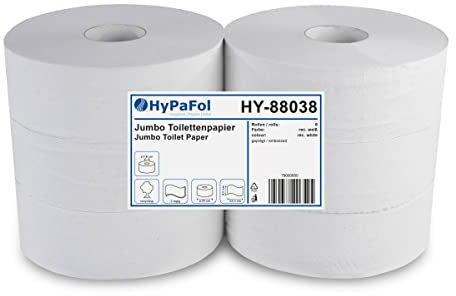 Hypafol Toilettenpapier, Jumbo Rolle, 2-lagig | extra große 6 Rollen (1413 Blatt pro Rolle) | Ø 28 cm (Kern 7,6 cm)| Recycling | geprägt| Stark, schnell auflöslich & stabil