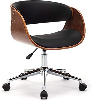 Mingone Bürostuhl Holz Computerstuhl 360° Schreibtischstuhl Ergonomisch Drehstuhl Chefsessel Retro Design mit Rollen Höhenverstellbar Leder Schwarze bis 150kg