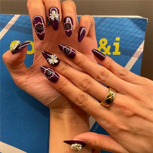 French False Nails - 24 Pcs Almond Medium Long False Nails - Glossy Violet with Flower French Press on Nails Pretty Oval Stick on Nails for Women Girls Nail Art