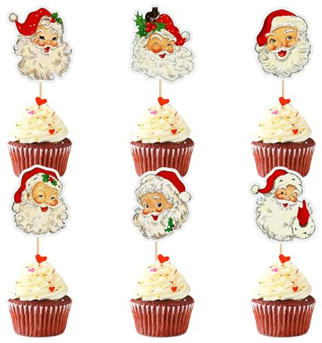 Blumomon 24 Stück Frohe Weihnachten Cupcake Toppers Weihnachtsmann Kuchen Dekorationr Winterurlaub Neujahr Zeremonie Cupcake Topper Weihnachtskuchen Dekorationen