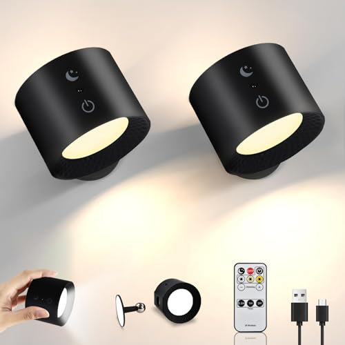 Wandleuchte Innen mit Fernbedienung 2PCS, LED Wandlampe ohne stromanschluss, AKKU 2000mAh, 360°drehbare, Touch Control Farbmodi&Helligkeit, Nachttischlampe Leselampe für Schlafzimmer Wohnzimmer