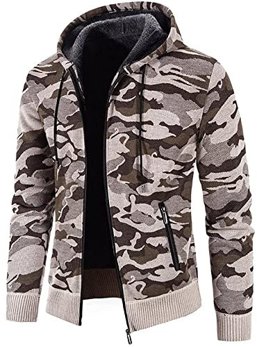 Generisch Jacket, Men's Fashion Leisure Long Sleeve Warm Camouflage Printed Hooded Jacket Top Tweed Jacket Half Zip Pullover Damen Windbreaker Gefüttert Mit Bauchtasche Winter Jacke Xxxl (XXL, Beige)