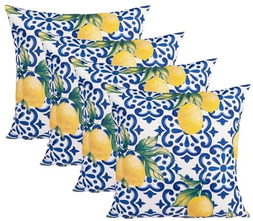 OHS Kissen für Gartenmöbel, Zitronenmuster, 45 x 45 cm, Kissenbezüge für Außenbereich, Garten, weich, bequem, dekorativ, wasserabweisend, Blau, 4 Stück
