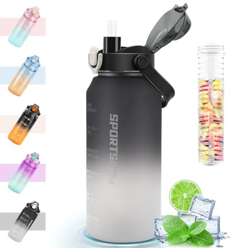 MOMSIV Trinkflasche 2L, 2 Liter Große Sport Wasserflasche mit Strohhalm und Früchtebehälter und Zeitmarkierungen, Auslaufsicher BPA-Frei Sportflasche für Fitness, Camping, Outdoor, Yoga, Schwarz Grau