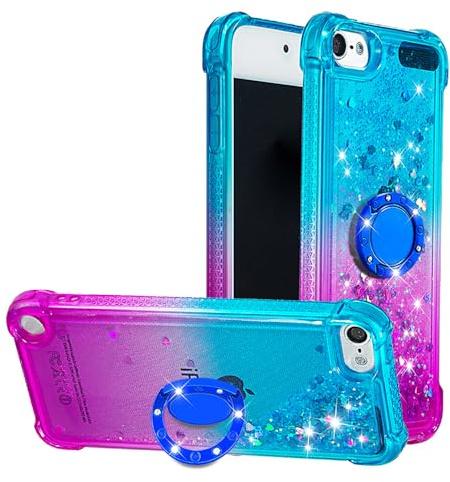 COTDINFOR Hülle für Apple iPod Touch 7 Glitzer Handyhülle mit 360 Grad Ring Ständer Treibsand Magnetische Auto Halterung Fließende Flüssigkeit Case für iPod Touch 5/6 Blue-Purple YBJBZH.