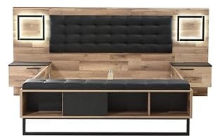 Forte Sirius Crown Bett 260 270, modernes Doppelbett, Bett mit 2 Nachtkommoden, 1-türig, 2 Schubladen, Holzwerkstoff, Stabeiche/Schwarzeiche Holzdekor, 266,8 cm breit x 119,7 cm hoch x 234,5 cm tief