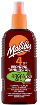 Malibu Sun LSF 4 Bräunungsöl-Spray mit Arganöl, 200 ml | Feuchtigkeitsspendend, natürliche Goldbräune, wasserabweisend, niedriger Sonnenschutz, Sprühauftrag