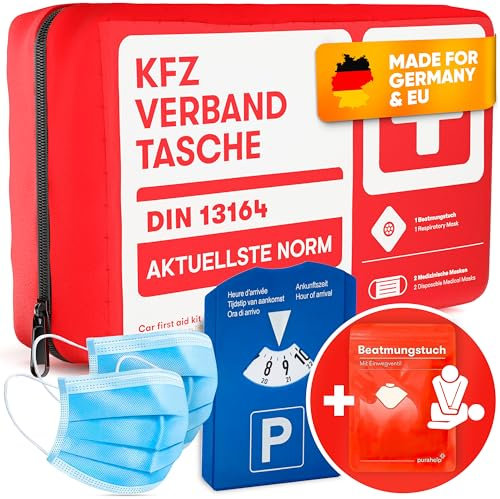 PURAHELP KFZ Verbandstasche nach aktueller Norm 2025 DIN 13164 (StVO konform) + Parkscheibe - Inkl. Beatmungstuch - Erste Hilfe Set Auto Verbandskasten 2025