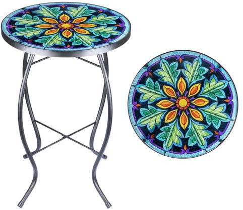 MUMTOP Beistelltisch für Terrasse, Mosaik, für den Außenbereich, 35,6 cm, symmetrischer Glasakzent, runder Beistelltisch, Pflanzenständer, kleiner Couchtisch für Garten oder Wohnzimmer