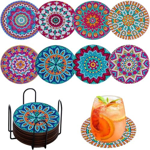 8 Pcs Mandala Diamond Painting Coasters Kit with Holder,5D Full Round Drill Diamond Art Coasters for Adults Begainners,Mandala Gem Art Painting Craft Kits for Adults Supplies Gift.