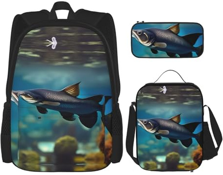 JIUTY Subaquatic Waller-Rucksack, 40,6 cm, Schul-Büchertasche mit Lunchbox, große Rucksäcke für Grundschule, Vorschule, 3 Stück, Schwarz , Einheitsgröße, Schulranzen-Set