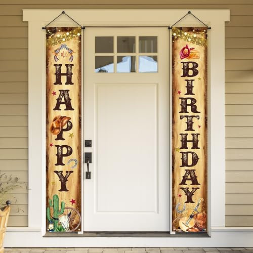 Ticuenicoa Cowboy Geburtstag Veranda Schild Banner - 2 Stück Western Cowboy Thema Happy Birthday Party Dekorationen | Retro Holzboden Erster Rodeo Foto Hintergrund für Jungen