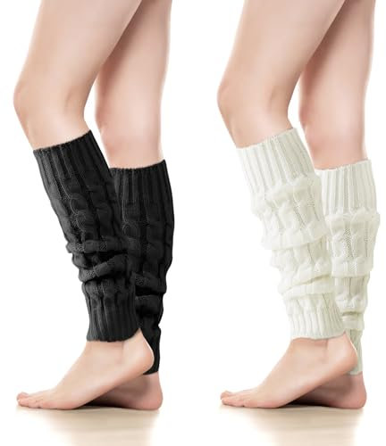 SIWOKJJO 2 Paar Stulpen Damen, Beinwärmer für Damen, kniehohe Strickstulpen, Winter-Beinwärmer für lange/niedrige Stiefelsocken, Tanzsport, Radfahren, Weiß, Schwarz