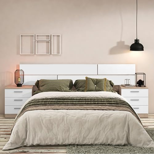 Pack Cabecero y 2 Mesitas de Noche, Dormitorio Doble, Dormitorio Completo, Acabado en Cambria y Blanco, 220 cm (An) x50 cm(Al) x 35 cm(Fon) - Meyvaser