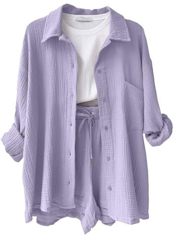 CheChury Sommer Outfits Damen Zweiteiler Hosenanzug Elegant Outfit Set Musselin Bluse Hemd und Shorts Y2k Aesthetic Clothes Loungewear Strand Urlaub Freizeitanzug Sommer Leicht Streetwear,Violett,L