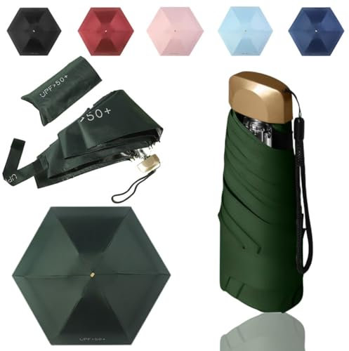 Tirimbeles® Paraguas Pequeño Plegable de Bolsillo | Mini Paraguas 6 Varillas y Funda | Protección Solar UV y Repelente al Agua | Compacto y Portátil | Ideal Viaje y Bolsos Pequeños (Paraguas Verde)