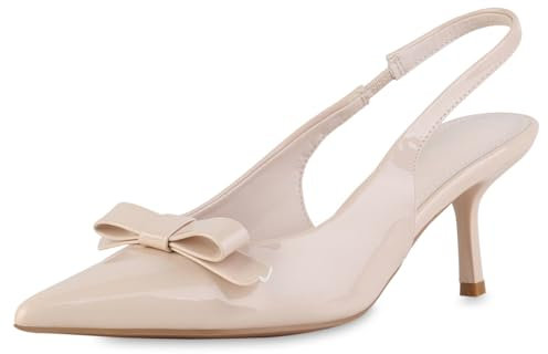 VAN HILL Damen Slingpumps Stiletto Lack Trendy Schuhe 216904 Beige Lack 41