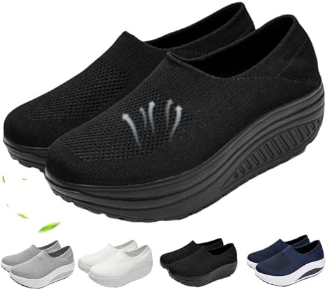Orthopedic Shoes for Women Wide Fit, Rocker Bottom Shoes Slip-On Mesh Up Stretch Platform Orthopedic Sneakers Comfortable Walking Loafers (Black,6.5)