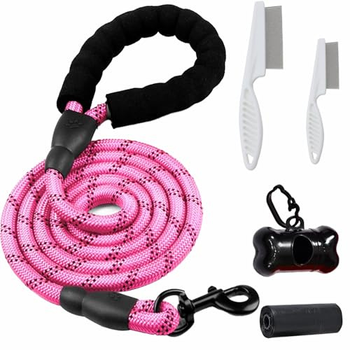 Denipry Dog Lead 5 FT Heavy Duty Nylon Rope Pet Leash with Comfortable Padded Handle, Metal Sturdy Clasp, Highly Reflective Threads Leads for Small Medium and Large Dogs 1/2 inch(Pink)
